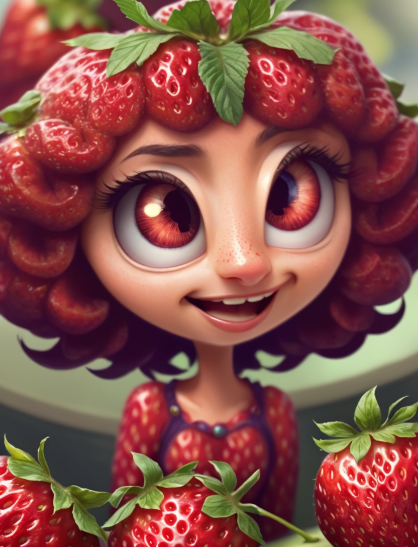 pixar version of a humanoid strawberry, big eyes, cute hair, smile